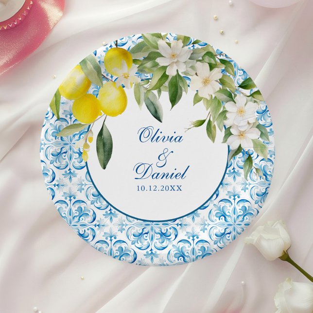 Mediterranean Blue Tiles and Lemons Wedding Paper Plate (Mediterranean Blue Tiles and Lemons Wedding Paper Plates on a table with a white rose.)