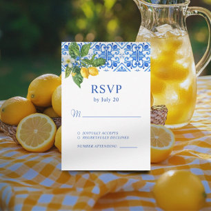 Mediterranean blue tiles and lemons wedding  RSVP card