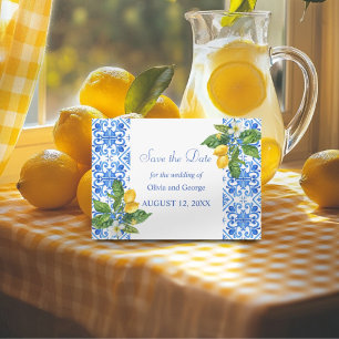 Mediterranean blue tiles and lemons wedding save the date
