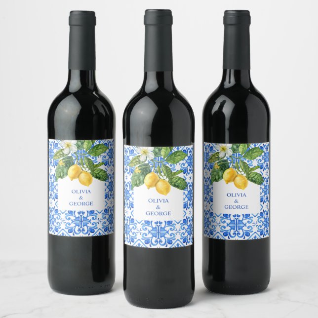 Mediterranean blue tiles and lemons wedding  wine label (Bottles)