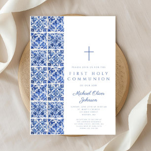 Mediterranean Blue Tiles Boy First Communion Invitation