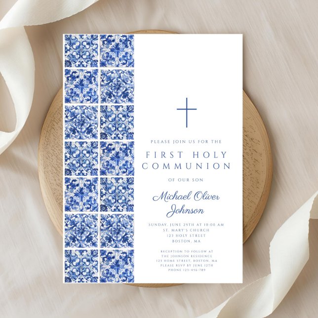Mediterranean Blue Tiles Boy First Communion Invitation (Mediterranean Blue Tiles Boy First Communion Invitation)