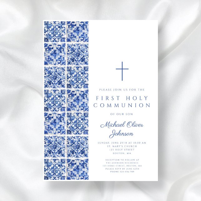 Mediterranean Blue Tiles Boy First Communion Invitation (Mediterranean Blue Tiles Boy First Communion Invitation)