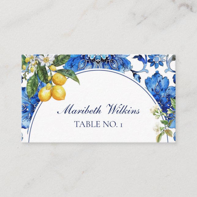 Mediterranean Blue Tiles Citrus Lemon Place Card (Front)