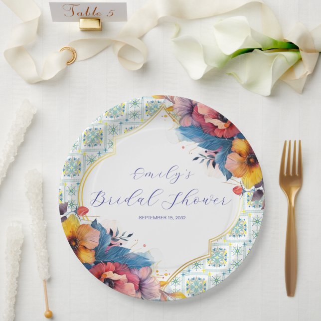 Mediterranean Blue Tiles Elegant Bridal Shower Paper Plate (Wedding)