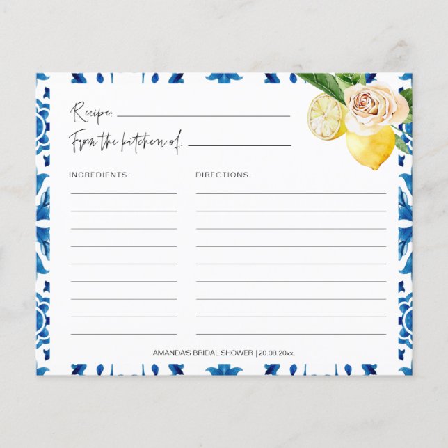 Mediterranean Blue Tiles Italy Recipe Cards  (Front)