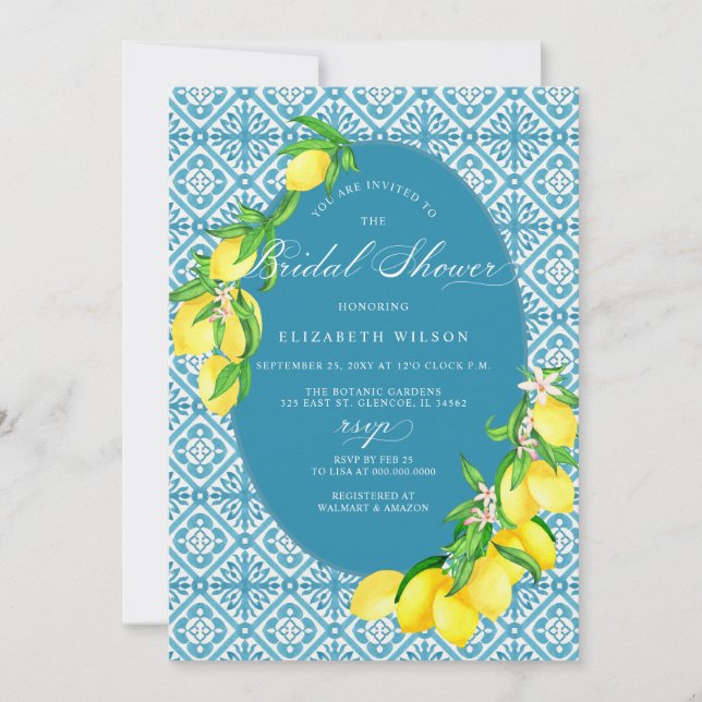 Mediterranean Blue Tiles Lemon Bridal Shower Invitation (Front)