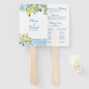 Mediterranean Blue Tiles & Lemon Wedding Program Hand Fan