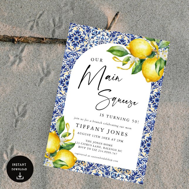 Mediterranean Blue Tiles Lemons 50th Birthday Invitation (Creator Uploaded)