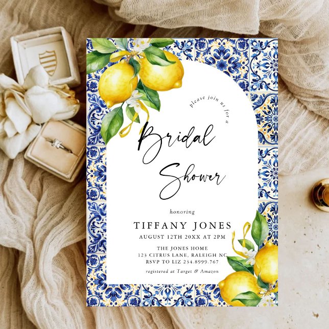 Mediterranean Blue Tiles Lemons Arch Bridal Shower Invitation (Creator Uploaded)