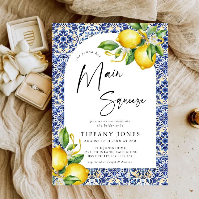 Mediterranean Blue Tiles Lemons Arch Bridal Shower Invitation (Creator Uploaded)