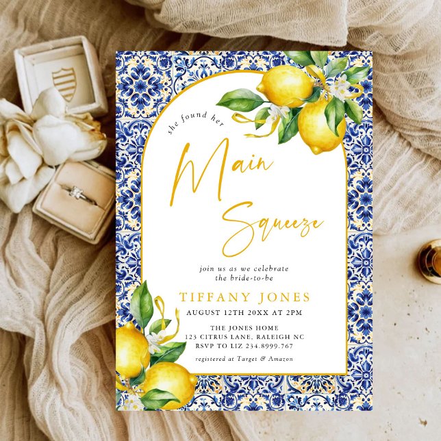 Mediterranean Blue Tiles Lemons Arch Bridal Shower Invitation (Creator Uploaded)