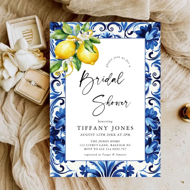 Mediterranean  Blue Tiles Lemons Bridal Shower Invitation (Creator Uploaded)