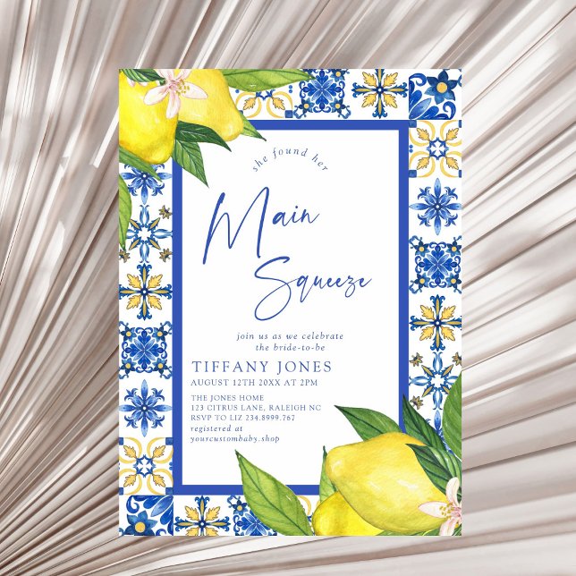 Mediterranean Blue Tiles Lemons Bridal Shower Invitation (Creator Uploaded)