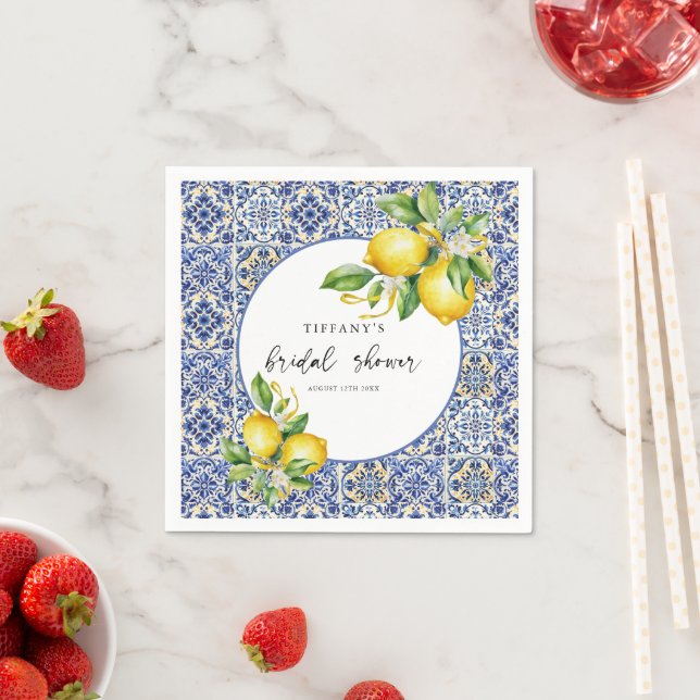Mediterranean  Blue Tiles Lemons Bridal Shower Napkin (Insitu)