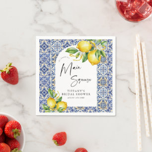 Mediterranean  Blue Tiles Lemons Bridal Shower Napkin