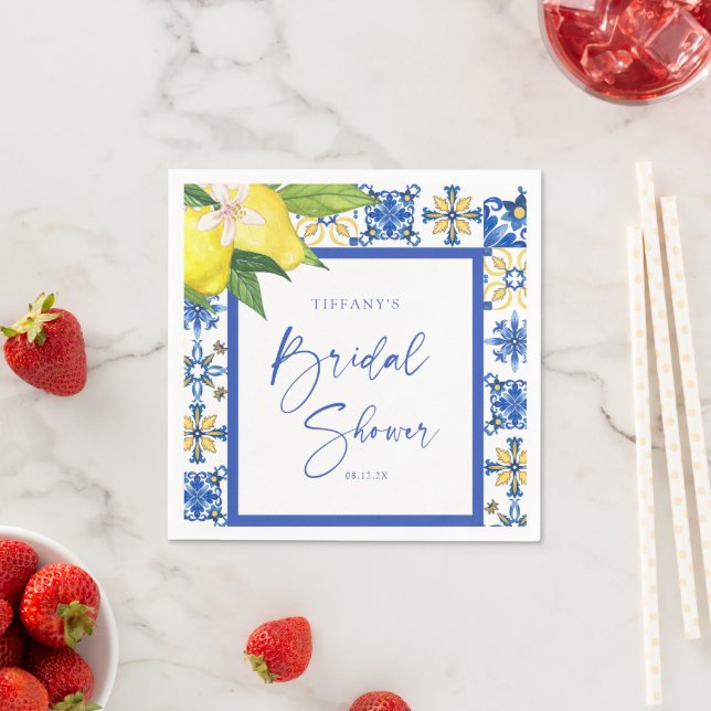 Mediterranean Blue Tiles Lemons Bridal Shower Napkin (Insitu)
