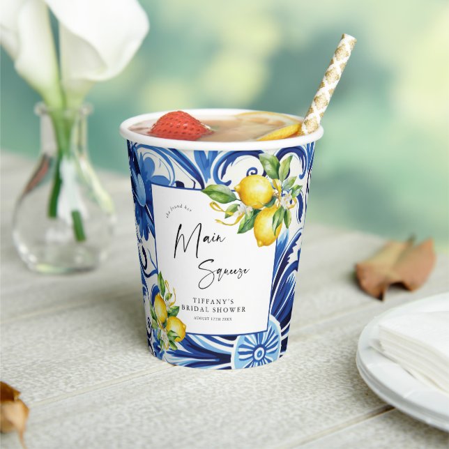 Mediterranean  Blue Tiles Lemons Bridal Shower Paper Cups (Insitu)