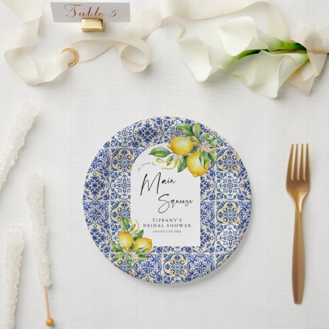 Mediterranean  Blue Tiles Lemons Bridal Shower Paper Plate (Wedding)