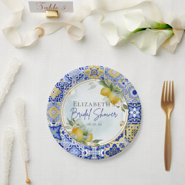 Mediterranean Blue Tiles Lemons Bridal Shower Paper Plate (Wedding)