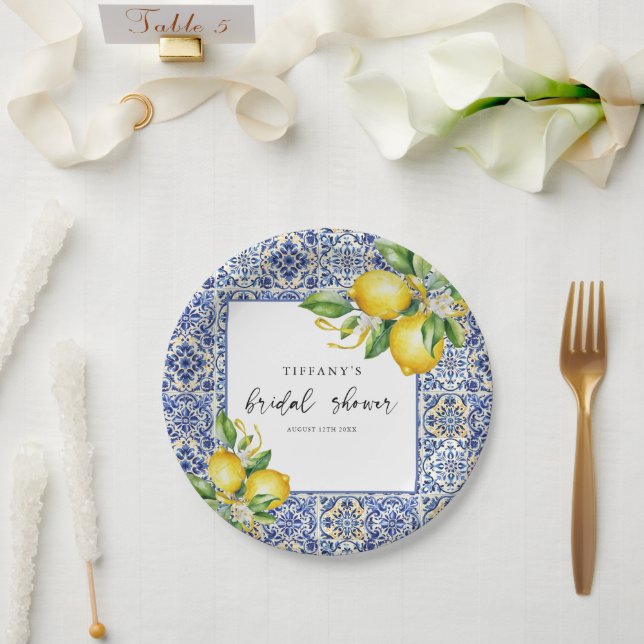 Mediterranean  Blue Tiles Lemons Bridal Shower Paper Plate (Wedding)