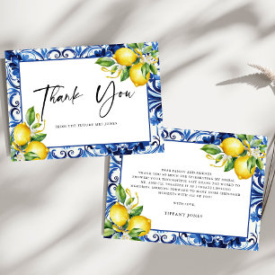 Mediterranean  Blue Tiles Lemons Bridal Shower Thank You Card