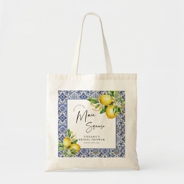 Mediterranean  Blue Tiles Lemons Bridal Shower Tote Bag (Front)