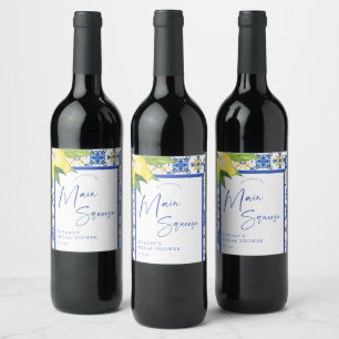Mediterranean Blue Tiles Lemons Bridal Shower Wine Label