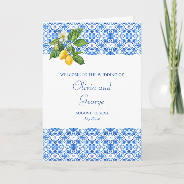 Mediterranean blue tiles lemons wedding programme  program (Front)