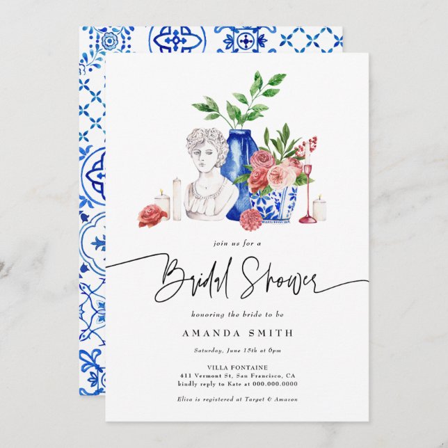 Mediterranean Blue Tiles Pink Floral Bridal Shower Invitation (Front/Back)