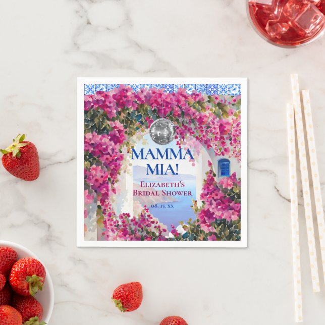 Mediterranean Blue Tiles Pink Flowers Disco Ball Napkin (Insitu)