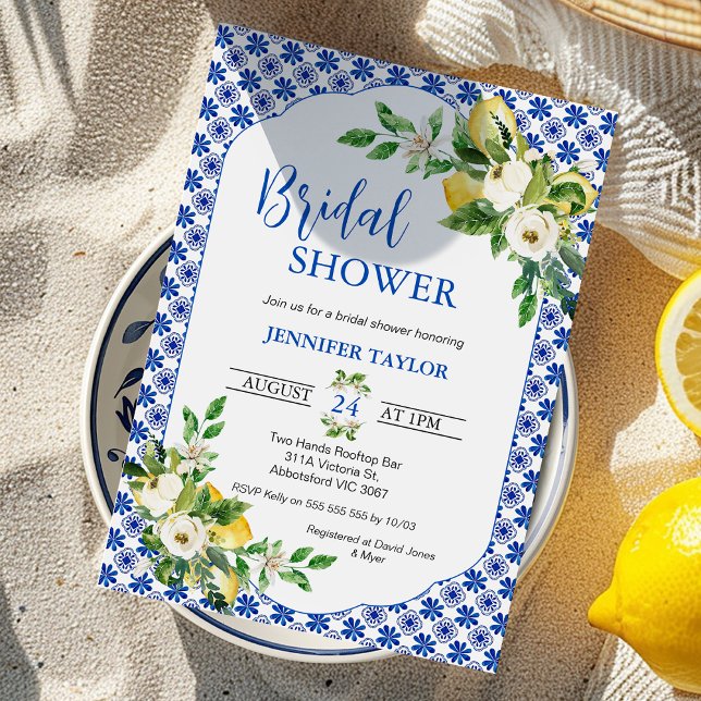 Mediterranean Blue Tiles Roses Lemon Bridal Shower Invitation (Blue Mediterranean Tile Bridal Shower Invitations template, Mediterranean Shower Invitation, Lemon)