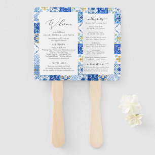 Mediterranean Blue Tiles Wedding Ceremony Program Hand Fan
