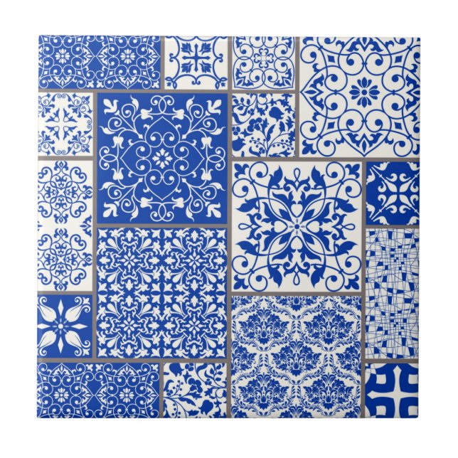 Mediterranean Blue & White Azulejo Majolica Mosaic Ceramic Tile (Front)