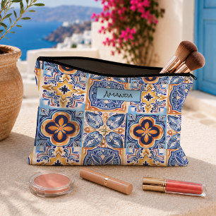 Mediterranean Blue White Sicilian Ceramic Tiles Accessory Pouch