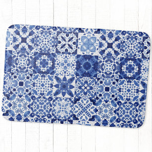 Mediterranean Blue White Tile Pattern Watercolor Bath Mat