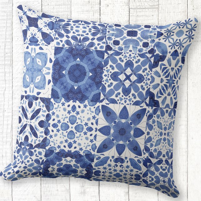 Mediterranean Blue White Tile Pattern Watercolor Cushion (Blue and white watercolor 
Mediterranean tile pattern outdoor throw pillow)