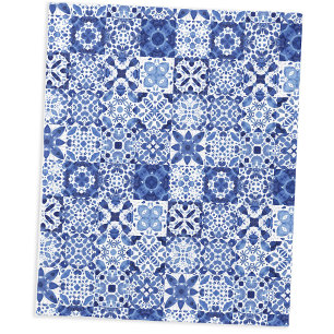 Mediterranean Blue White Tile Pattern Watercolor Fleece Blanket