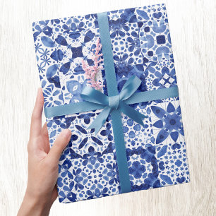 Mediterranean Blue White Tile Pattern Watercolor Wrapping Paper