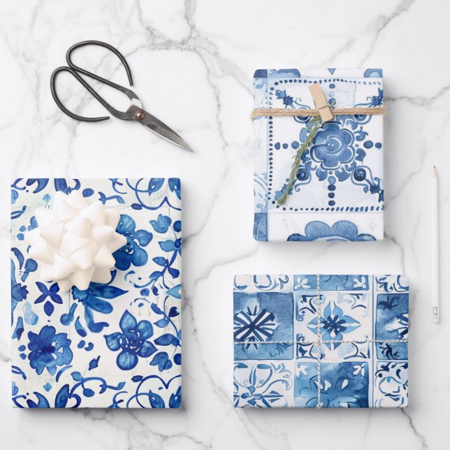 Mediterranean Blue & White Tiles 3 Wrapping Paper Sheet (Front)