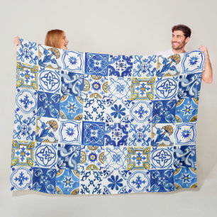 Mediterranean Blue, White & Yellow Floral Pattern Fleece Blanket