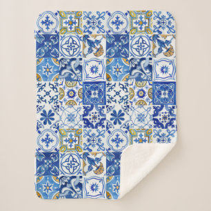 Mediterranean Blue, White & Yellow Floral Pattern Sherpa Blanket