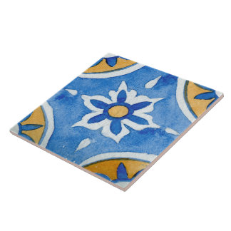 Mediterranean Blue White Yellow Watercolor Paint Ceramic Tile