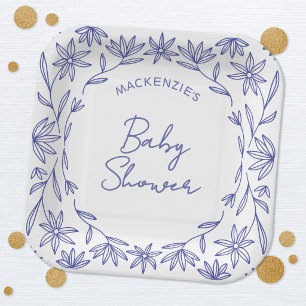 Mediterranean Blue Wildflower Baby Shower Paper Plate