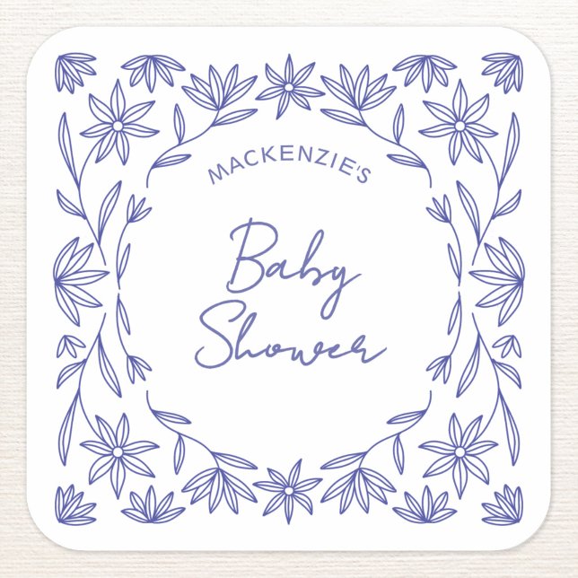 Mediterranean Blue Wildflower Baby Shower Square Sticker (Mediterranean blue and white wildflower botanical hand drawn personalized baby shower sticker)