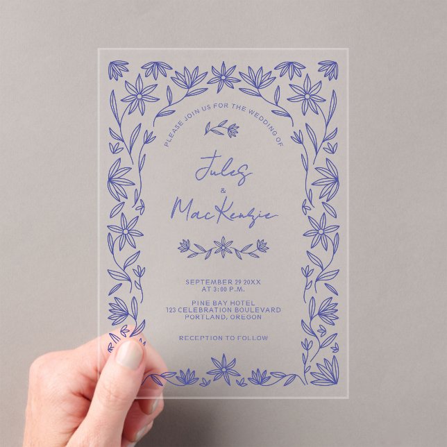 Mediterranean Blue Wildflower Line Art Wedding Acrylic Invitations (Insitu (Handheld))