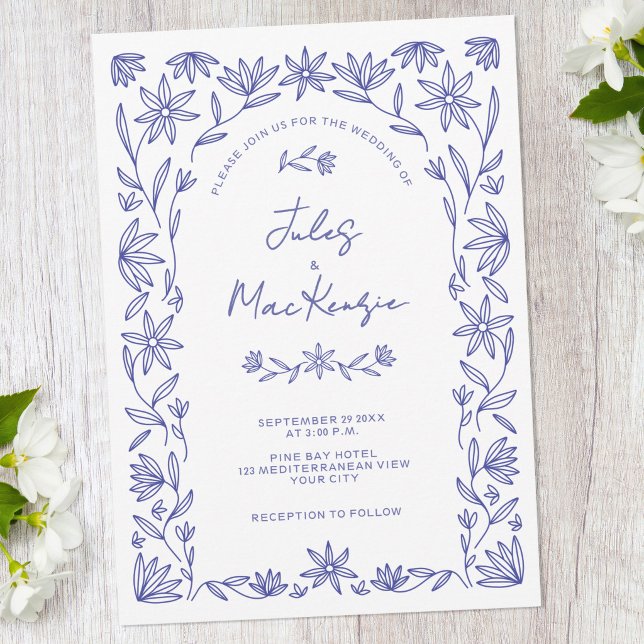 Mediterranean Blue Wildflower Line Art Wedding Invitation (Mediterranean wildflower line art blue and white wedding invitation)