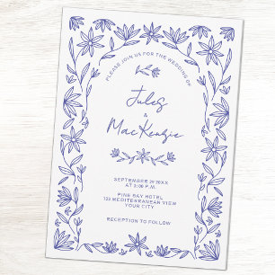 Mediterranean Blue Wildflower Line Art Wedding Invitation