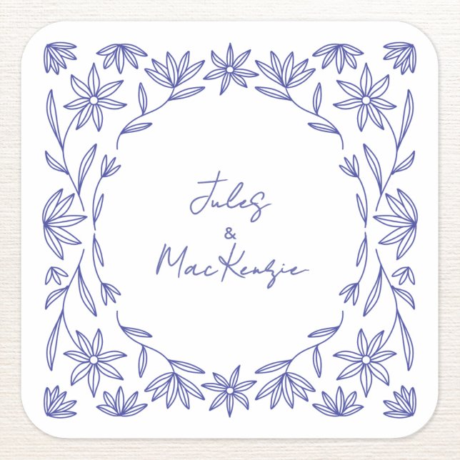 Mediterranean Blue Wildflower Wedding Square Sticker (Mediterranean blue white wildflower line art wedding couple names sticker)