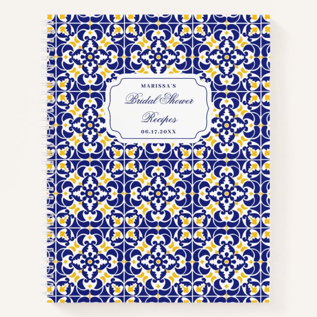 Mediterranean Blue Yellow Bridal Shower Recipe Notebook (Front)